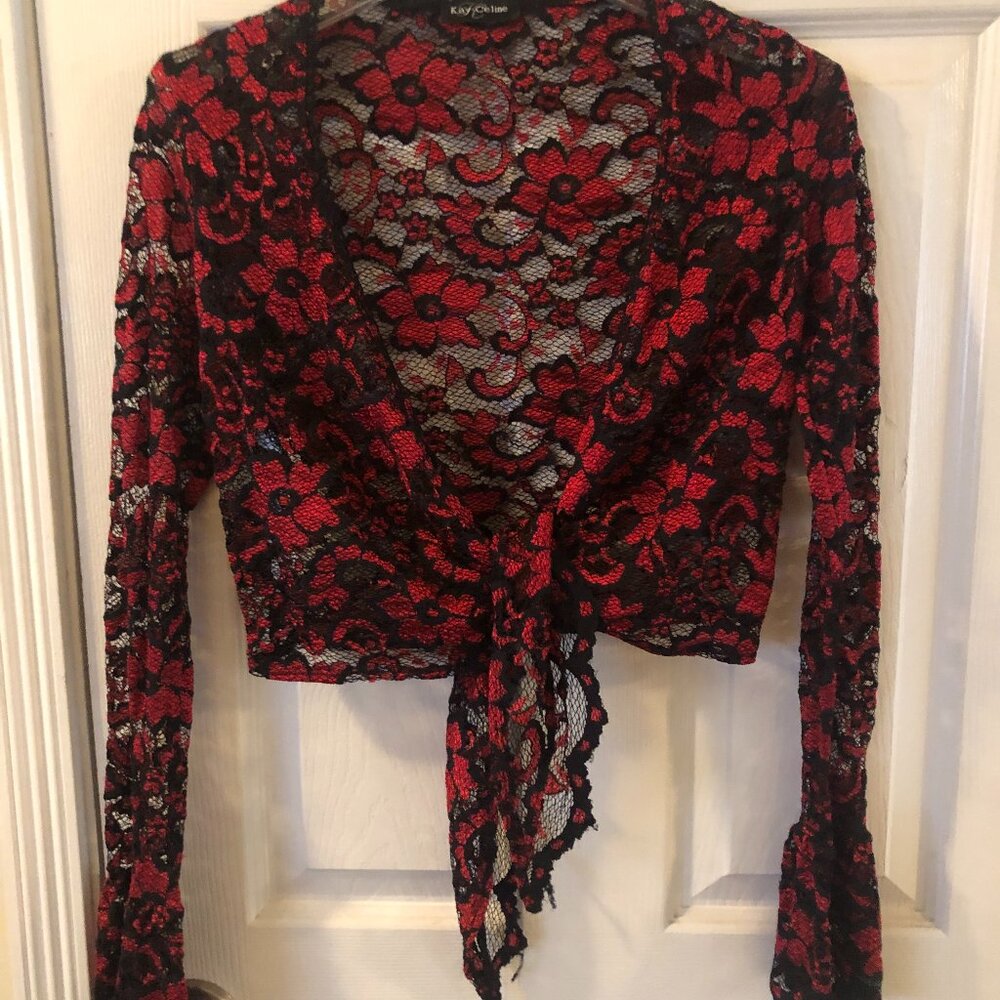 Kay Celine Black Lace Wrap Blouse Size Small